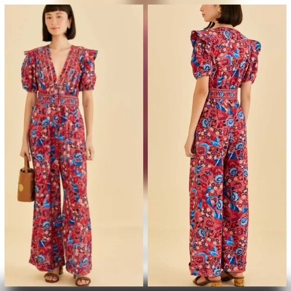 FARM Rio Pants - Farm Rio Floral V-Neck Wide-Leg Jumpsuit in Pink & Blue